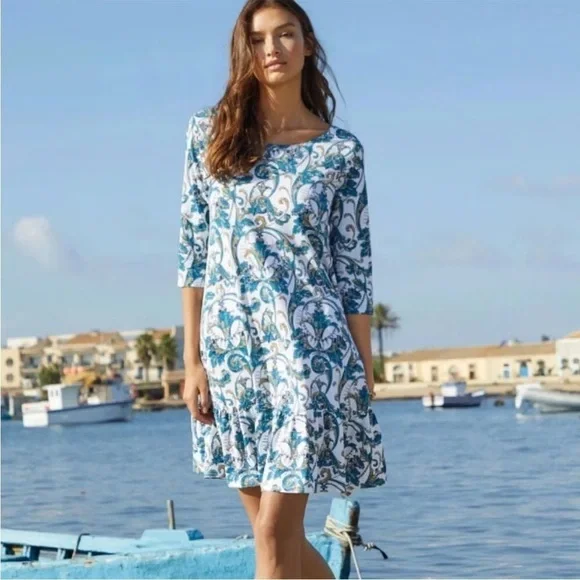 Like New! Peruvian Connection long sleeve white blue paisley short dress size S - Picture 1 of 8